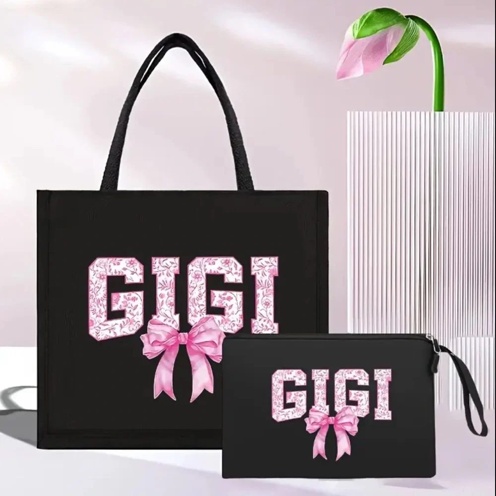 GIGI Black Tote and Clutch Set with Pink Accents, NEW - Picture 6 of 6